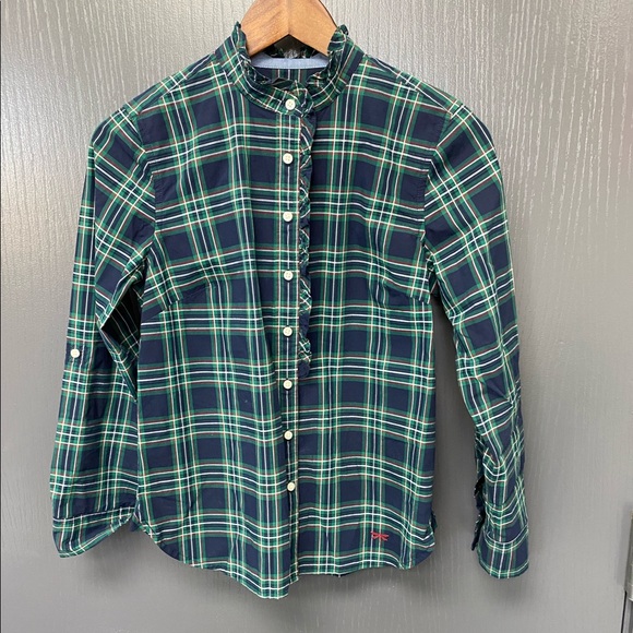 Talbots Navy and Green Holiday Plaid Ruffle Shirt - Picture 2 of 6